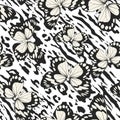 Seamless vector multicolor butterflies pattern. Butterfly on zebra leopard print. Trendy animal motif wallpaper.